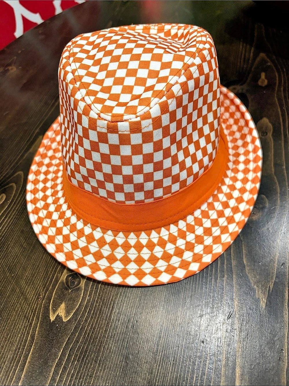 Beach Hat Checkered Orange & White Hat Size 57 Like New